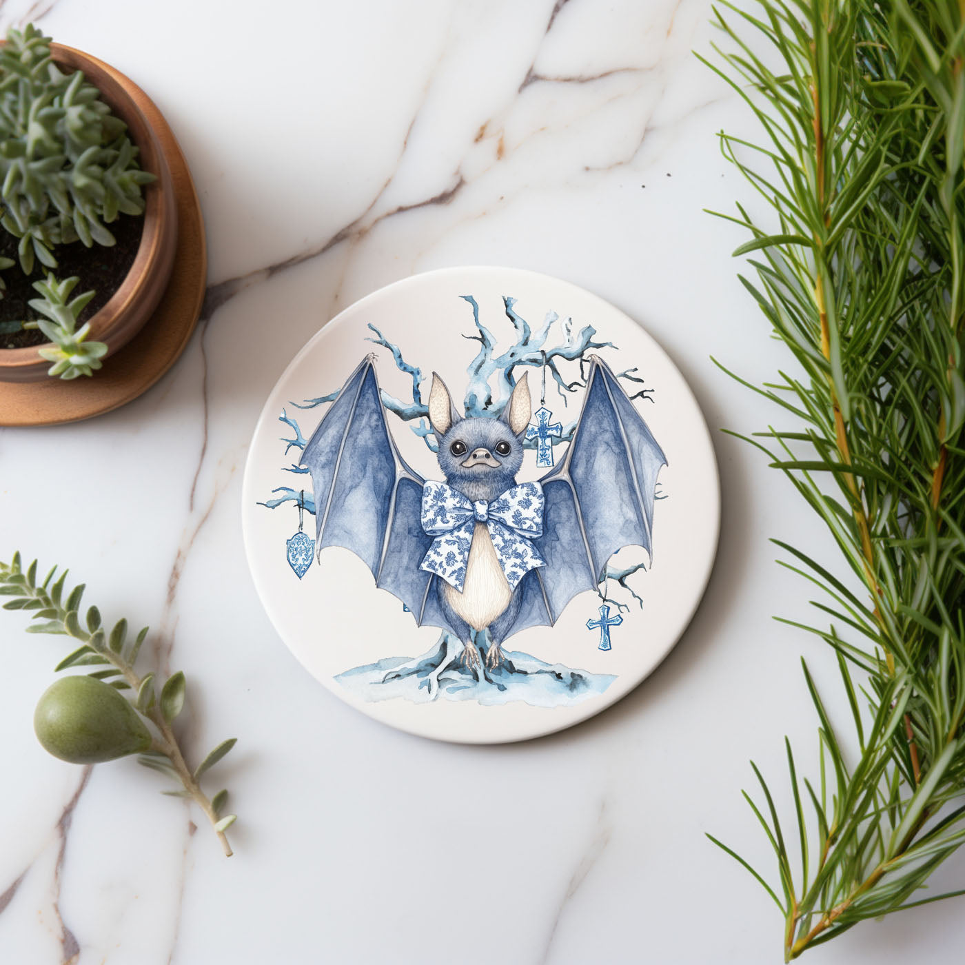Gothic bat coaster featuring blue willow style illustration on ceramic